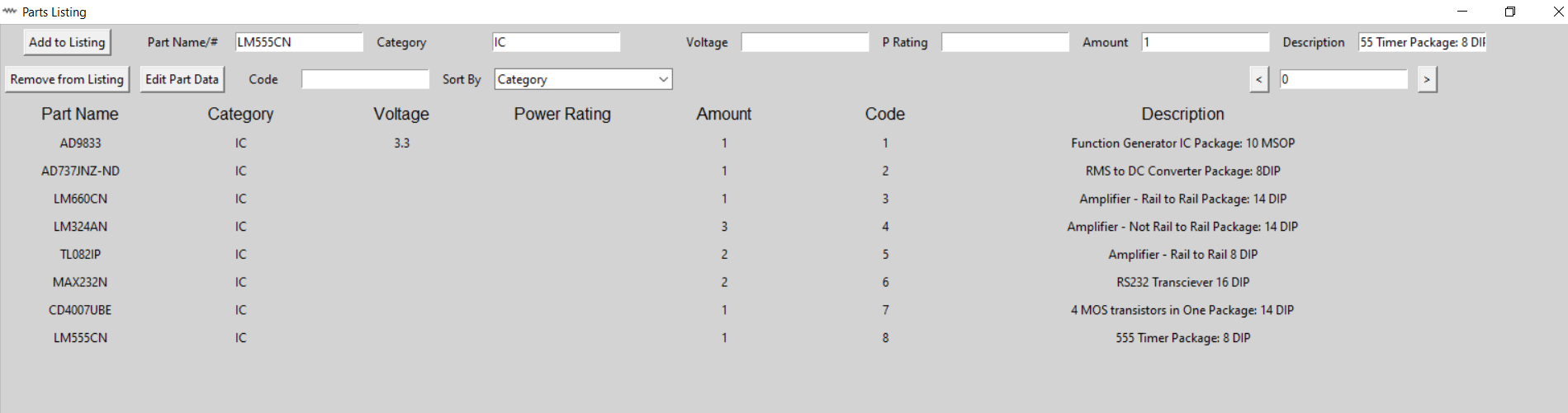 Parts Listing GUI